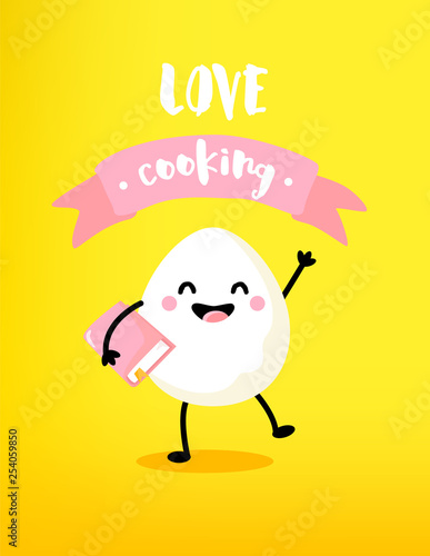 Сartoon egg with book and pink ribbon on yellow background. Love cooking card. Vector.