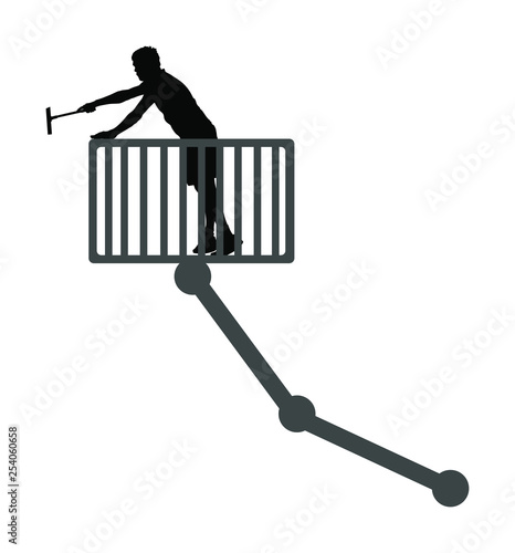 Washer washing windows of modern skyscraper vector silhouette illustration isolated on white background. Window cleaner working on a glass facade in a crane. Worker on high risk work cleaning glass.