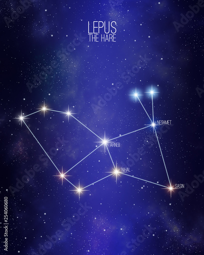 Lepus the hare constellation on a starry space background with the names of its main stars. Relative sizes and different color shades based on the spectral star type. photo