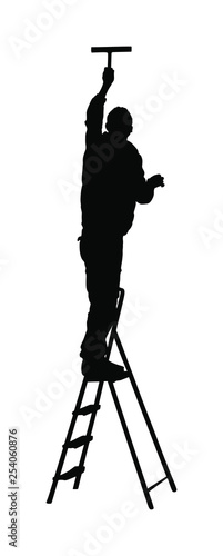 Painter worker on ladder vector silhouette isolated on white. Man decorator painting wall with paint brush roller. Decorator renovation home. Handyman move in job. Window washer cleaning glass service