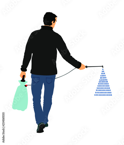 Gardener sprays pesticide vector illustration isolated. Farmer applying insecticide fertilizer to his vegetable using a sprayer.  Man watering plants or grass. Worker applying insecticide fertilizer.