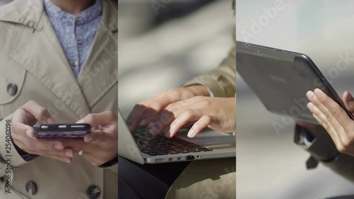 Collage of close up shots of young brown-skinned womans hands in camel trench working, using different devices, texting. Work, lifestyle concept