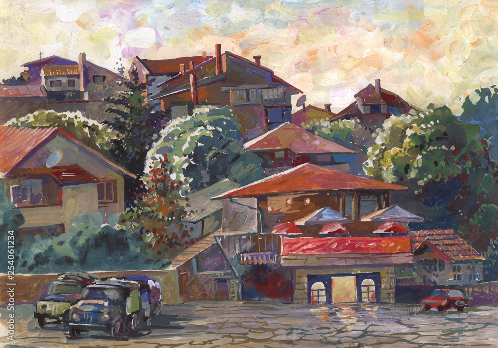 Landscape painted with water paint on paper. Etude (sketch) performed in the open air. Bulgaria, Sofia, city streets. Landscape painted with water paint on paper. Etude (sketch) performed in the open air. Bulgaria, Sofia, city streets.