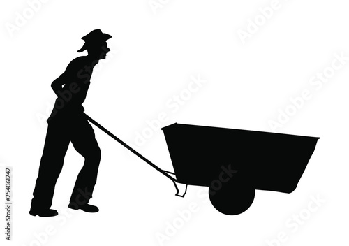 Skinny farmer, or construction worker with wheelbarrow vector silhouette. Man gardener carrying loader with goods at warehouse. Transportation carrying on cart vector. Landscaper with empty cart. 