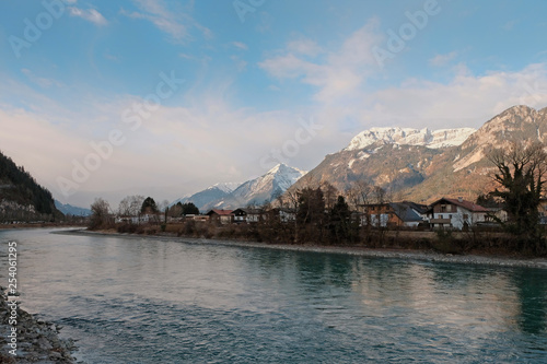 Historical city of Rattenberg in Austria. Houses and river Inn.