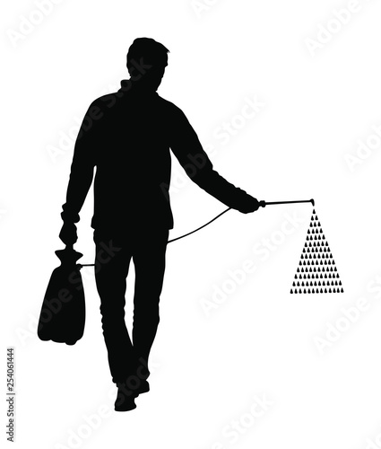Gardener sprays pesticide vector silhouette isolated. Farmer applying insecticide fertilizer to his vegetable using a sprayer.  Man watering plants or grass. Worker applying insecticide fertilizer.