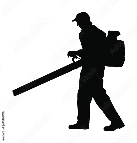 Landscaper operating petrol Leaf Blower in the city park, vector silhouette. Worker on a street in autumn collects leaves with a leaf blower. Communal city job cleaning park. Gardener laborer farmer