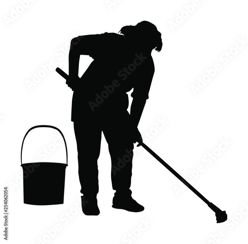 Floor care and cleaning services with washing mop in sterile factory clean hospital. Cleaning lady service  silhouette vector illustration. Housemaid cleaner with bucket and equipment. Housework job