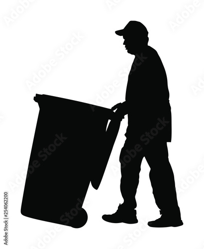 Worker with recycle bin collects leaves vector silhouette isolated on white background. Cleaning street cleaner man. Communal Garbage collector. Landscaper outdoor activity. City sanitation.