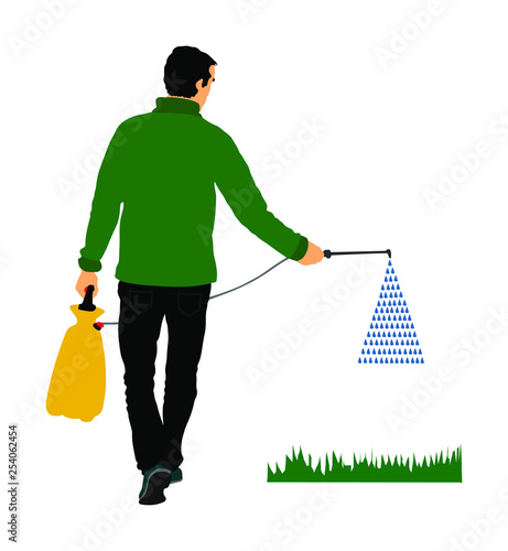 Gardener sprays pesticide vector illustration isolated. Farmer applying insecticide fertilizer to his vegetable using a sprayer.  Man watering plants and grass. Worker applying insecticide fertilizer.