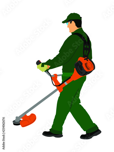 Grass trimmer worker vector illustration. Garden work. Man outdoor grass cutting Lawn Trimmer. Gardener working. Landscaper. laborer in park communal urban service activity. Green field care.