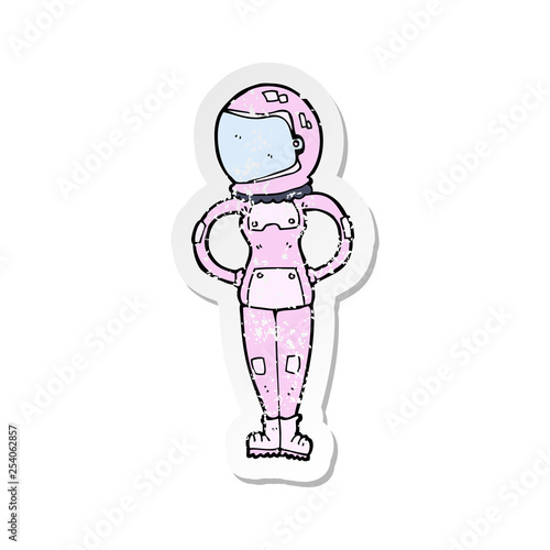 retro distressed sticker of a cartoon female astronaut