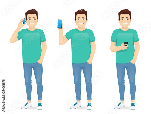 Young man with phone isolated vector illustration