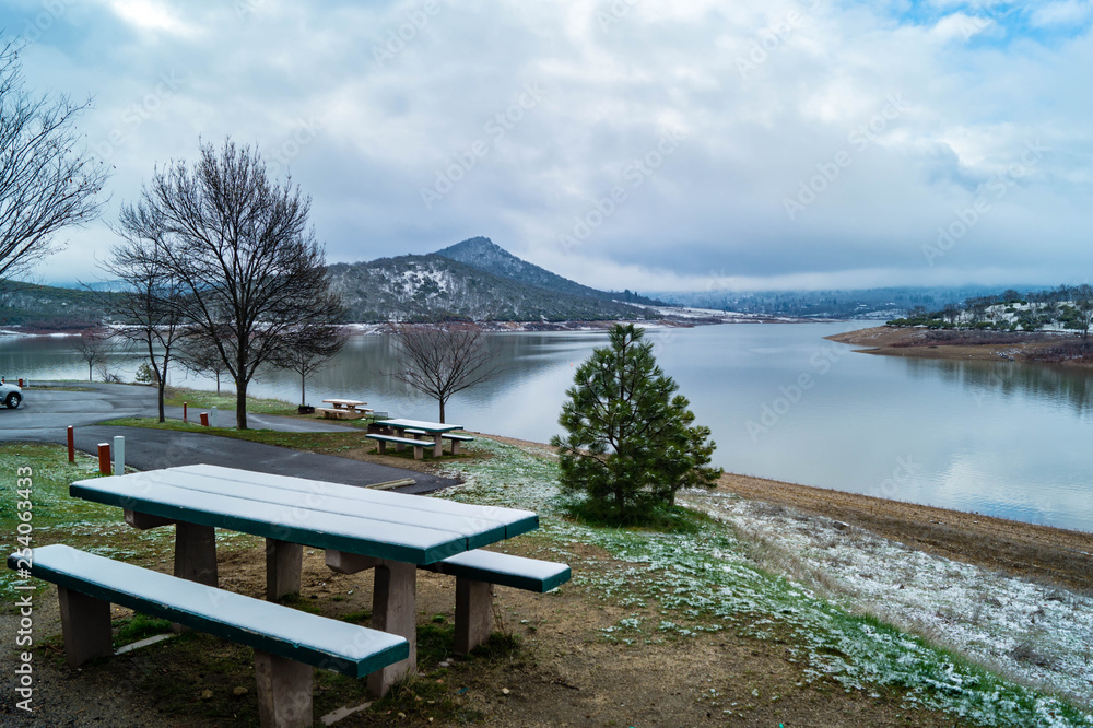 Emigrant Lake County Park campground near Ashland, Oregon with a dusting of snow