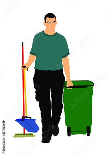 Floor care and cleaning services with washing mop in sterile factory or clean hospital. Cleaning man service vector illustration. Trash bin with worker cleaning job. Street cleaner communal activity.