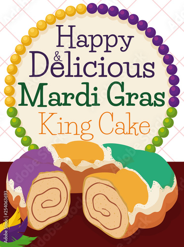 King's Cake, Feathers and Colorful Necklace to Celebrate Mardi Gras, Vector Illustration