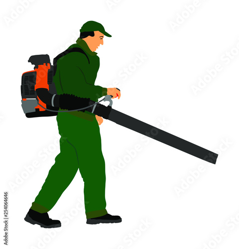 Landscaper operating petrol Leaf Blower in the city park, vector illustration. Worker on a street in autumn collects leaves with a leaf blower. Communal city job cleaning park. Gardener laborer farmer