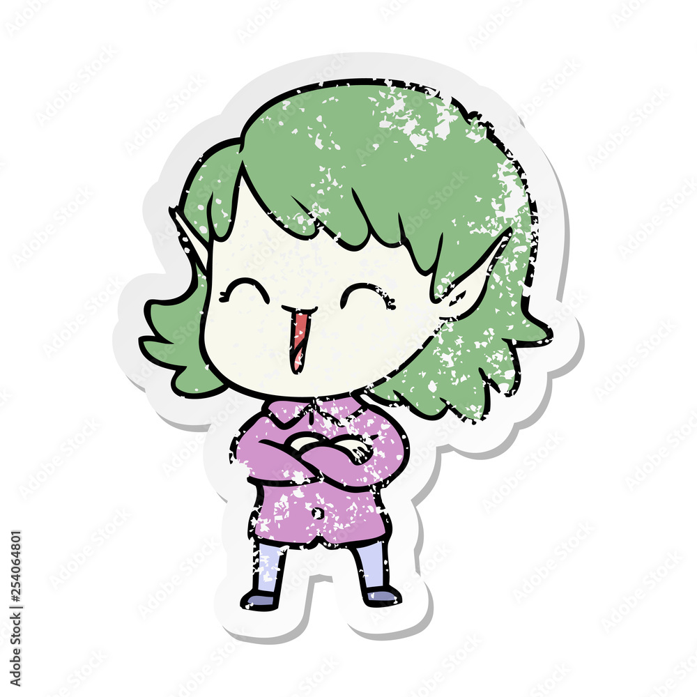 distressed sticker of a cartoon elf girl distressed sticker of a cartoon elf girl