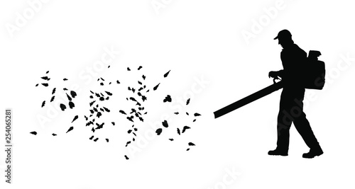 Landscaper operating petrol Leaf Blower in the city park, vector silhouette. Worker on a street in autumn collects leaves with a leaf blower. Communal city job cleaning park. Gardener laborer farmer