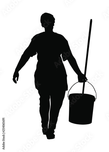 Cleaning lady wit broom. Housemaid cleaner with besom vector silhouette Isolated on white. Woman floor care service with washing mop in sterile factory or clean hospital. Housework job. House wife.