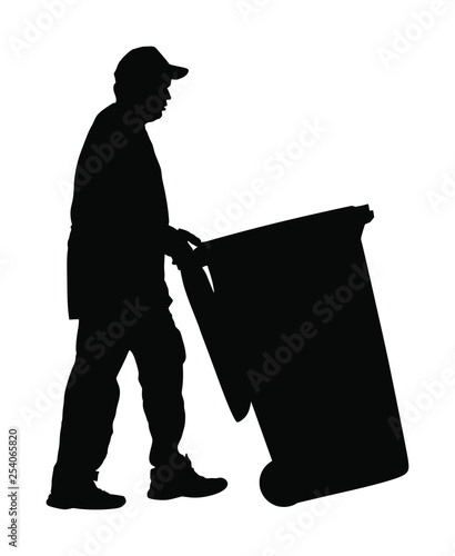Worker with recycle bin collects leaves vector silhouette isolated on white background. Cleaning street cleaner man. Communal Garbage collector. Landscaper outdoor activity. City sanitation.