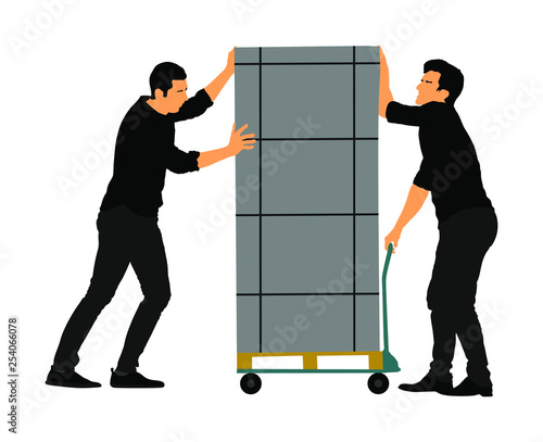 Hard workers pushing wheelbarrow and carry big box vector illustration isolated on white. Delivery man moving package by cart. Service moving transport. Warehouse job activity. Looting bailiff laborer