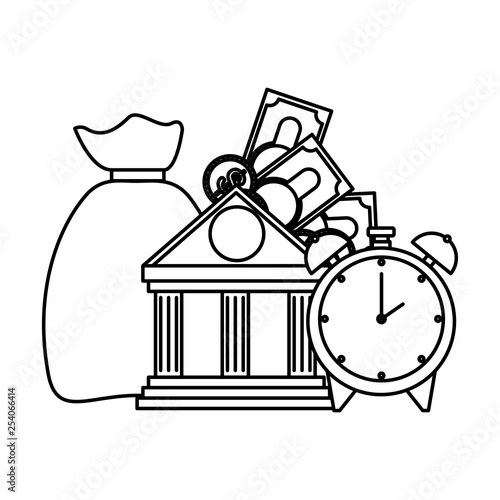 bank building with money sack and alarm clock