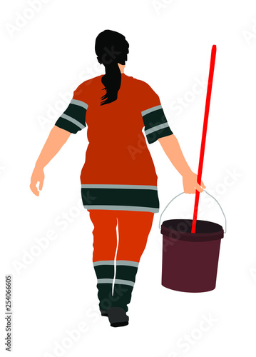Housemaid cleaner vector illustration Isolated over white background. Cleaning lady. Floor care and cleaning services with washing mop in sterile factory or clean hospital. Cleaning service. 