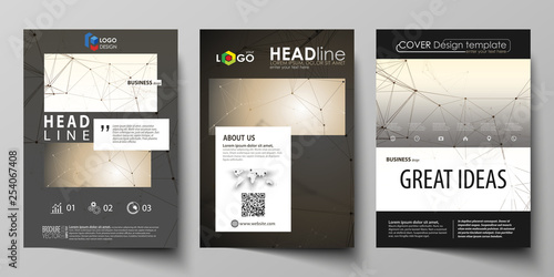 Business templates for brochure, flyer, booklet, report. Cover design template, vector layout in A4 size. Technology, science, medical concept. Golden dots and lines, digital style. Lines plexus.