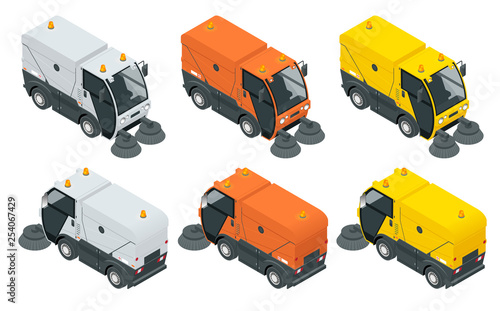 Isometric Road Sweeper dust cleaner road sweeper. Special purpose vehicle for washing road.