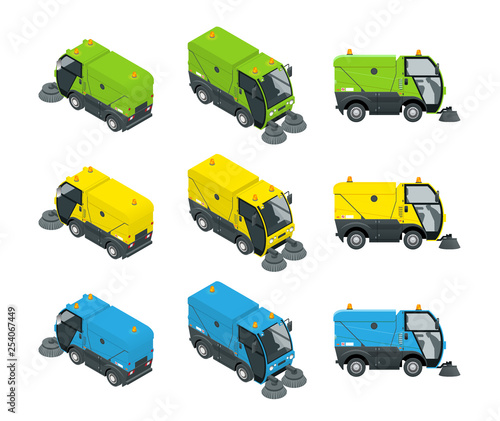 Isometric Road Sweeper dust cleaner road sweeper. Special purpose vehicle for washing road.