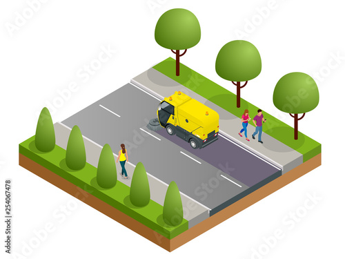 Isometric Road Sweeper dust cleaner road sweeper. Special purpose vehicle for washing road.