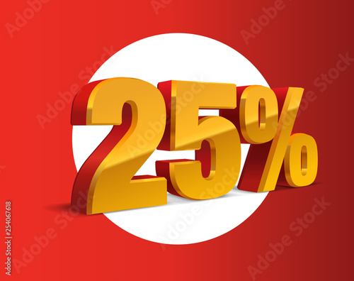 25 percent off, sale background, red yellow golden metall object 3D. Eps10 Vector.