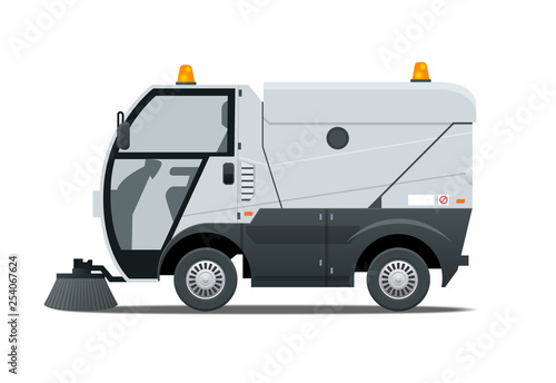 Road Sweeper dust cleaner road sweeper. Special purpose vehicle for washing road. Icon isolated on white