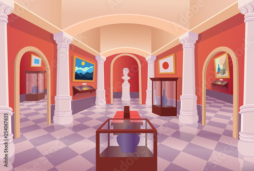 Museum art gallery with people vector cartoon interior. 