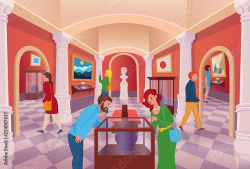 Museum art gallery with people vector cartoon interior. 