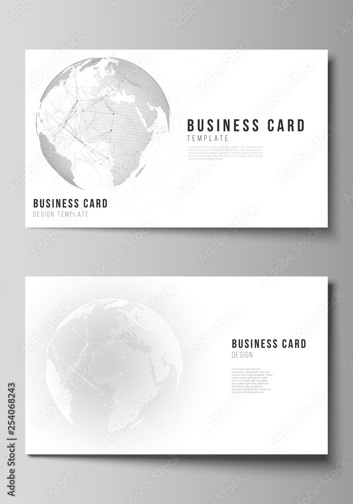Vector editable layout of two creative business cards design templates. Futuristic geometric design with world globe, connecting lines and dots. Global network connections, technology digital concept.