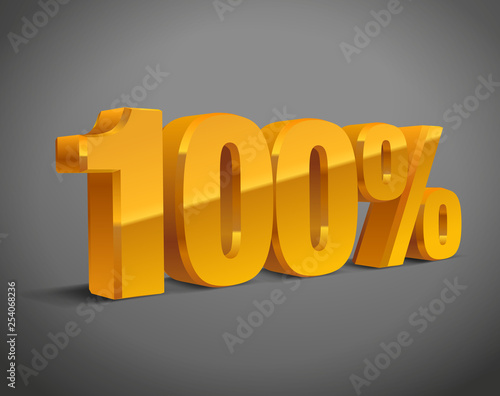 100% percent, 3D object gold metall, vector, eps10. Golden, yellow sign of sale, quality, original, guarantee, natural