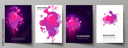 The vector layout of A4 format modern cover mockups design templates for brochure, magazine, flyer, booklet, annual report. Black background with fluid gradient, liquid pink colored geometric element. © Raevsky Lab