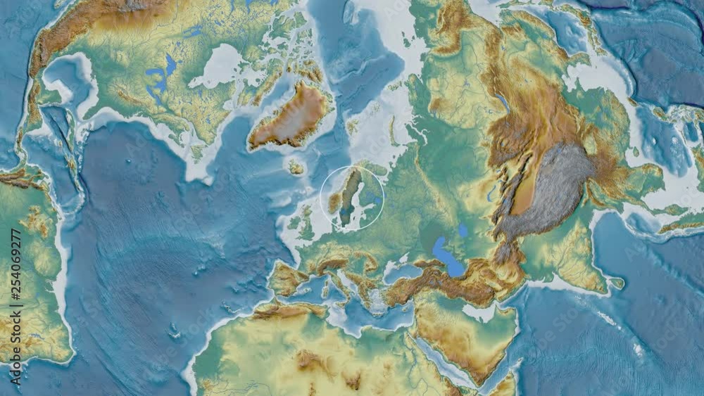 Sweden area presented against the global relief map in the Fahey projection with animated oblique transformation Sweden area presented against the global relief map in the Fahey projection with animated oblique transformation