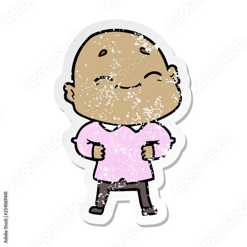 distressed sticker of a cartoon happy bald man