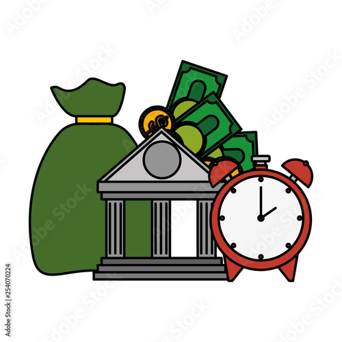 bank building with money sack and alarm clock