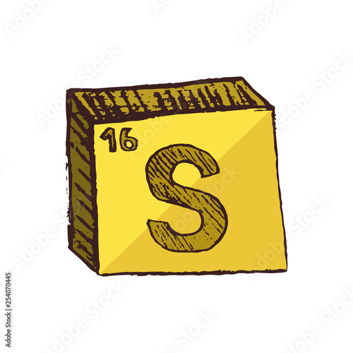 Vector three-dimensional hand drawn chemical yellow symbol of sulfur or sulphur with an abbreviation S from the periodic table of the elements isolated on a white background.