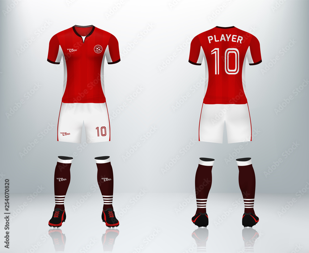 3D realistic of front and back of red soccer jersey t-shirt with pants and  socks on shop backdrop. Concept for soccer team uniform or football apparel  mockup template in vector Stock Vector