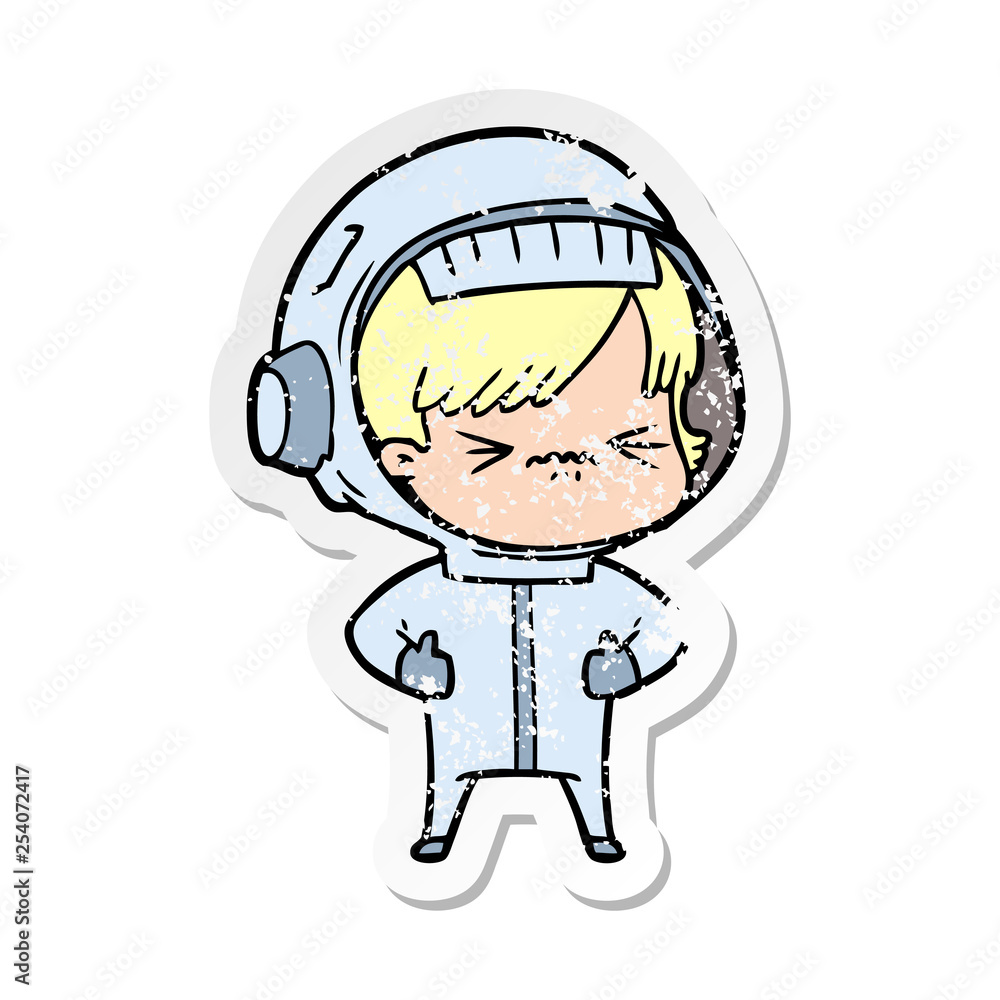 distressed sticker of a angry cartoon space girl distressed sticker of a angry cartoon space girl