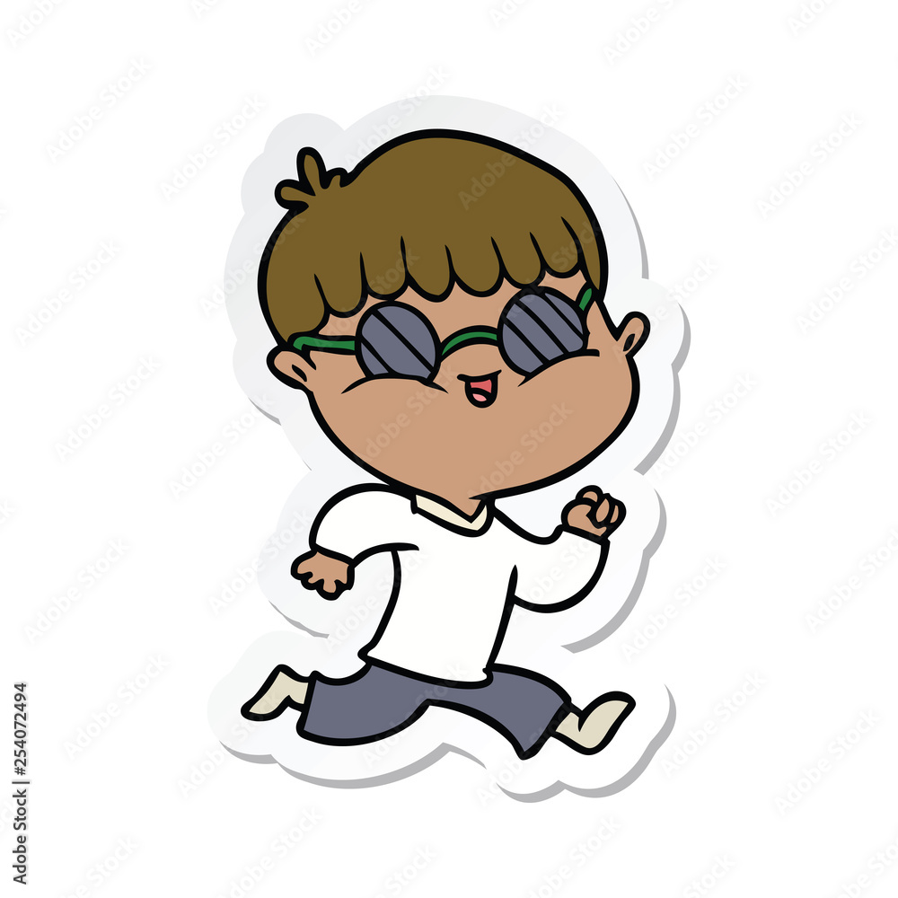 sticker of a cartoon boy wearing sunglasses and running