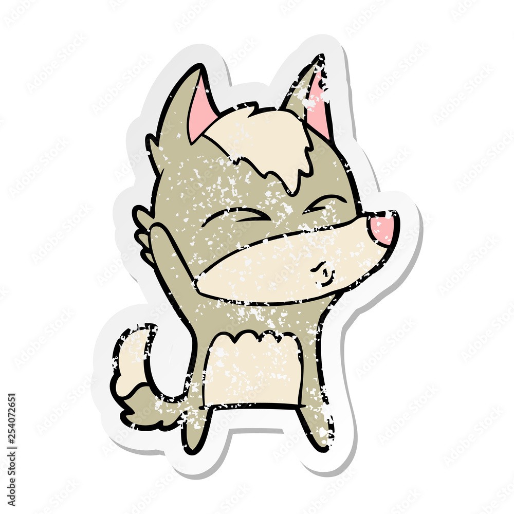distressed sticker of a cartoon wolf whistling distressed sticker of a cartoon wolf whistling