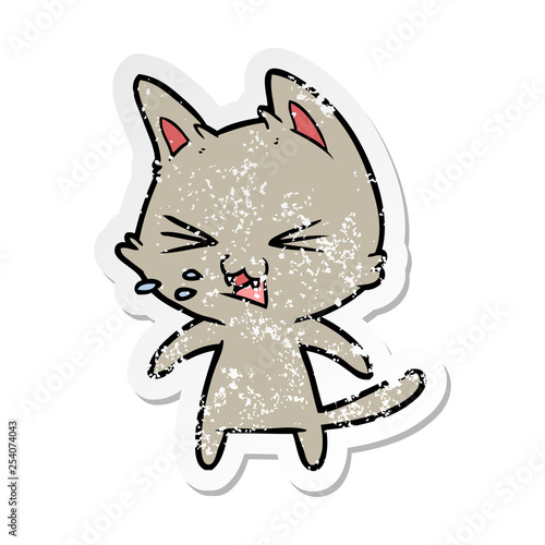 distressed sticker of a cartoon cat hissing