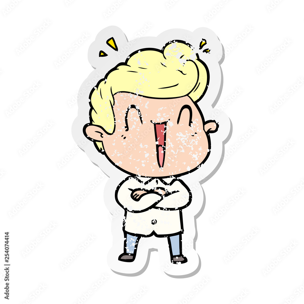 distressed sticker of a cartoon excited man distressed sticker of a cartoon excited man