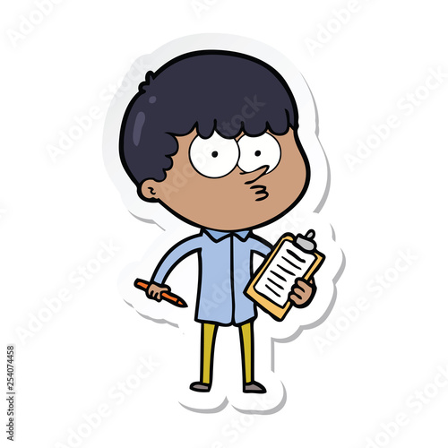sticker of a cartoon curious boy taking notes